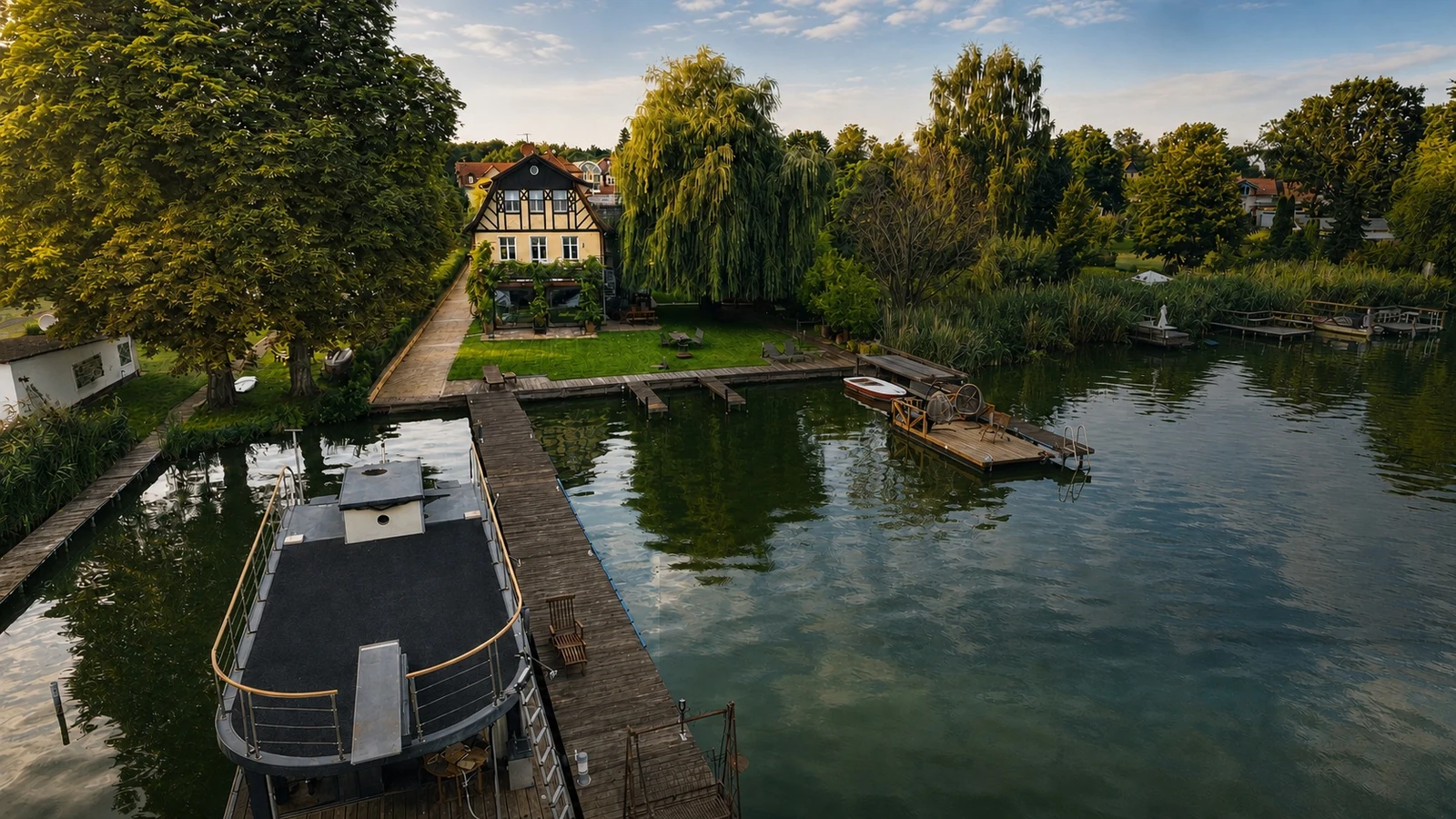 Villa Vier Stege am Krüpelsee mit Garten und Steganlage, vom Wasser aus gesehen